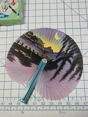 Chinese Paper Folding Hand Fan W/Metal Handle, Vintage Mid-Century, 44